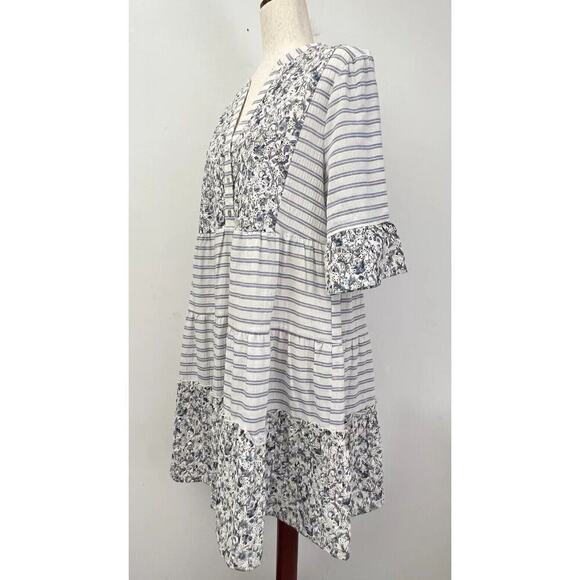 Voy Dress White & Blue Striped & Blue Floral Eyelet Lace V Neck Women’s Sz M NWT - Picture 4 of 13